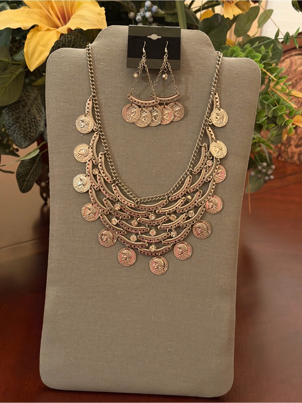 Bohemian Coin Bib Necklace and Earring Set - Gold Tone